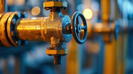 Close up of an industrial valve on a pipeline, essential for controlling flow in manufacturing, oil, gas, or chemical plants. Industrial system