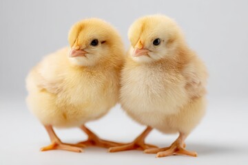Fototapeta premium Close-up portrait of a pair of yellow hatchlings against a pure white backdrop