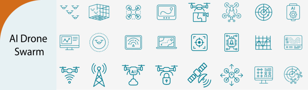 ai drone swarm and control system icons, minimal line vector set