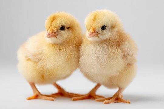 Close-up portrait of a pair of yellow hatchlings against a pure white backdrop