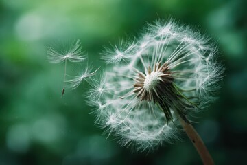 Fototapeta premium Close-up shot of a dandelion seed head kissed by wind, dreamy green background