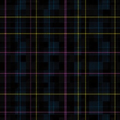 Vibrant neon plaid pattern on black. Modern pop art digital texture background.