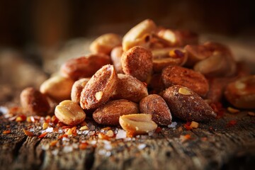 Obraz premium Close-up shot of seasoned dry-roasted peanuts showing textured skins and warm wooden background