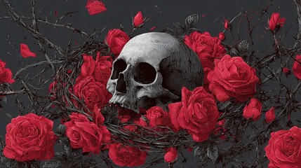 Skull among red roses and dark thorn vines in dramatic gothic floral composition artwork style vivid