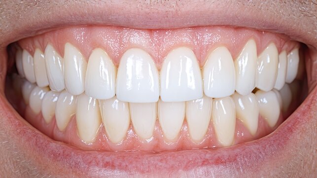 Close-up of perfect white porcelain veneers on upper and lower teeth showing ideal cosmetic dental results