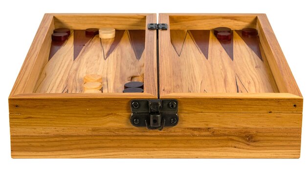 An overhead shot showcases a closed, wooden board game with checkers inside. The hinged box opens to reveal triangles