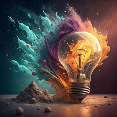 Glowing incandescent light bulb with vibrant colorful abstract explosion symbolizing creativity and innovation isolated on dark background