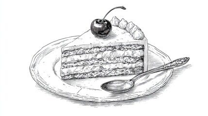 Engraving sketch of slice of layered cake with cherry and spoon on plate vintage dessert illustration in black and white