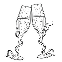 Champagne glasses clinking wrapped in streamers vector line art illustration. Festive New Year's celebration with sparkling wine in flute. Carnival drinking and anniversary retro sketch.