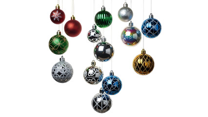 Assorted Christmas Ornaments Hanging Against Black Background bauble decoration