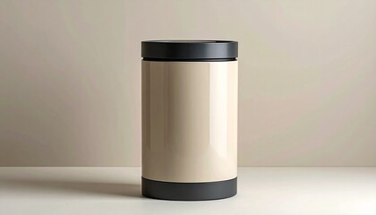 &ldquo;Minimalist beige cylindrical container with black top and bottom edges on neutral background&rdquo;