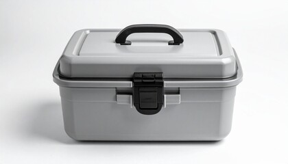 &ldquo;Gray plastic storage box with black handle and latch on white background&rdquo;