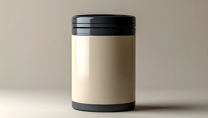 &ldquo;Minimalist beige cylindrical container with black top and bottom edges on neutral background&rdquo;
