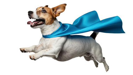 Superhero dog in blue cape flying through air