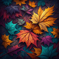 Vibrant autumn maple leaves in a rich dark color palette scattered on a textured surface perfect for seasonal design and fall themes