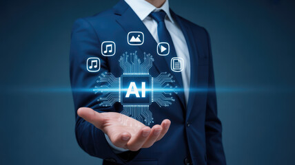 Businessperson holding glowing AI microchip with media icons for digital content processing and integration
