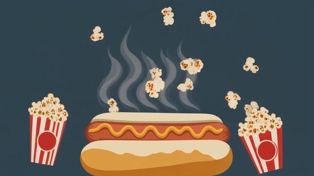 Animated sequence of a steaming hot dog and popcorn for a fast food concept. Flat design banner for a cinema menu or snack bar advertisement with flying kernels