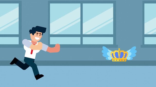 A businessman runs after a flying crown with wings, symbolizing the pursuit of success, leadership, achievement, or ambition in a business or professional environment. The concept represents striving 