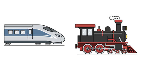 Modern vs. Vintage A graphic illustration contrasting a sleek modern train and a classic steam locomotive, symbolizing the evolution of transport. © Ahluva Studio