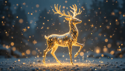 Golden reindeer standing in snowy forest with sparkling stars and lights