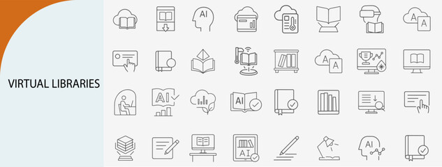 virtual library and digital learning icons, minimal line vector set