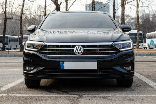 January 23, 2022, Seoul, South Korea - A black Volkswagen Jetta sedan parked in an outdoor parking lot.