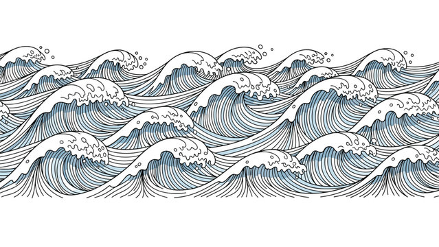 A seamless horizontal border of stylized ocean waves drawn in a traditional Japanese ukiyo-e line art style on a white background.