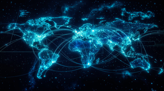 Weltkarte mit globaler Vernetzung und leuchtenden Datenverbindungen in blauem Technologie-Stil