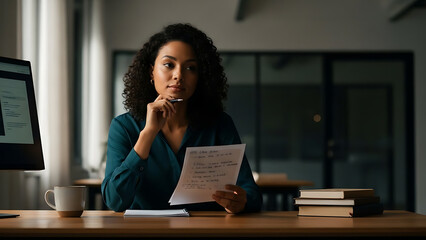Woman working late at night with papers and computer