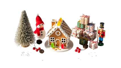 Christmas gingerbread house snowman tree gifts nutcracker on black christmas tree
