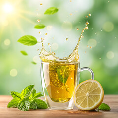 Refreshing green tea splash with mint and lemon healthy beverage concept with natural ingredients and bright sunlight perfect for wellness and refreshment