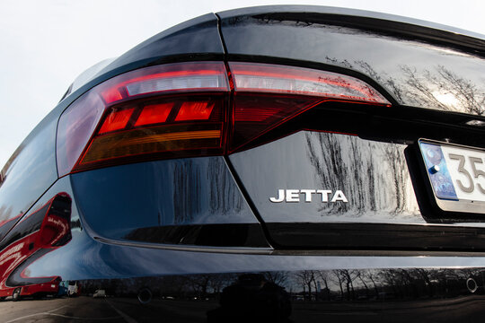 January 23, 2022, Seoul, South Korea - A close-up view of the rear taillight and trunk of a black Volkswagen Jetta sedan.