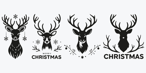 Christmas concept logo with deer sketch illustration vector set