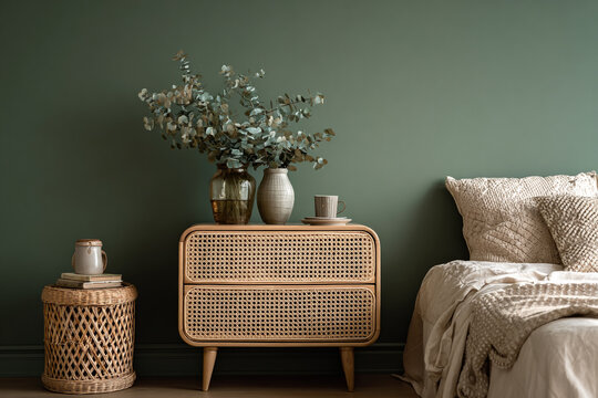 calm bedroom interior design with green walls and natural rattan furniture