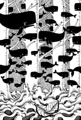 モノクロームイラスト・手描き・ペン画 - 鯨・マッコウクジラ・樹海・群れ
