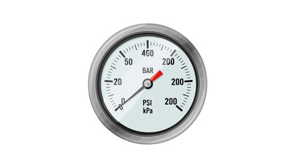 Pressure gauge with needle pointing to 200 PSIkPa and 20 BAR