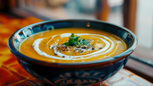 Close-up of a hearty vegetable soup with spices and herbs served in a ceramic bowl on a wooden table.