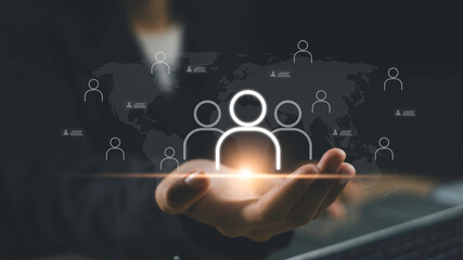 HR Human resource management concept showing global employee network, leadership, and teamwork strategy in business with digital user icons. communication in modern business.