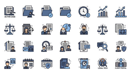 Collection of legal and business icons representing case management and client services