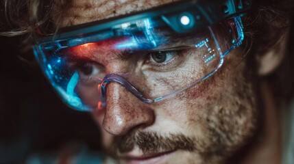 Intense close-up of a determined scientist wearing futuristic augmented reality goggles, focused on complex data visualization in a dimly lit laboratory setting.