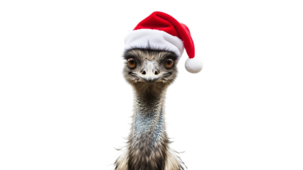 Emu wearing a red and white Santa hat against a black background bird animal
