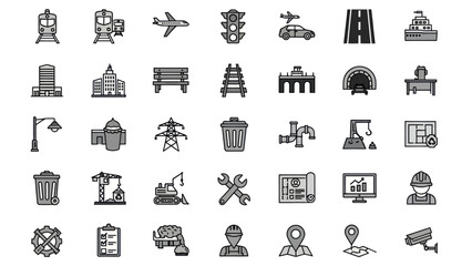 Collection of Urban and Infrastructure Icons Represents City and Industrial Elements