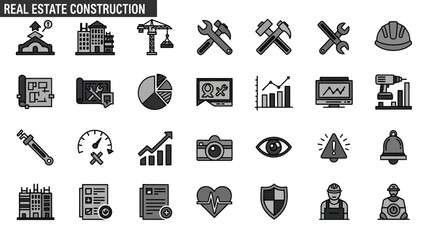 A comprehensive collection of icons representing real estate construction and business concepts
