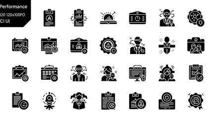Comprehensive collection of glyph icons for business performance monitoring, data analytics, and