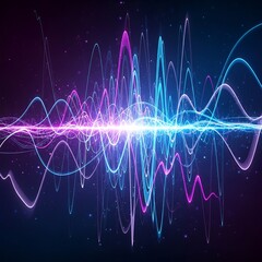 Vibrant abstract visualization of sound waves in neon blue and pink, with sparkling particles against a dark background.