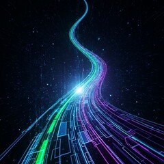 A vibrant, glowing digital highway of data streams curves through the darkness of space, illuminated by a bright central light.