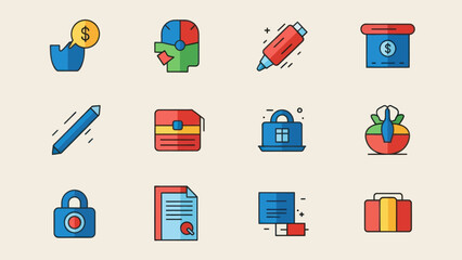 Vibrant Flat Design Icon Collection for Business, Finance, and Office Concepts Graphic Assets