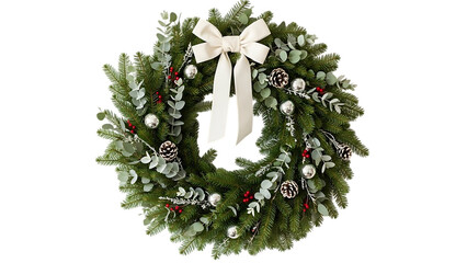 Green Christmas Wreath with White Bow Pinecones and Berries green wreath evergreen