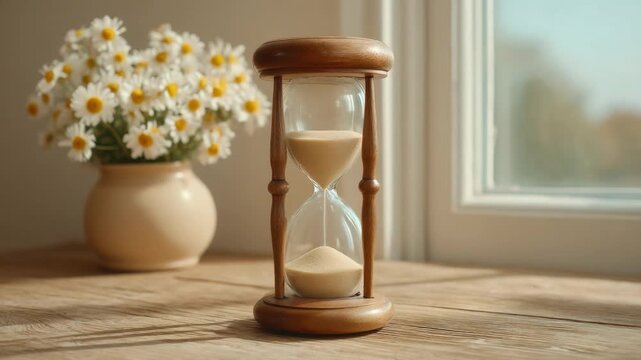 Wooden hourglass on table near window with daisy flowers in vase creating serene and calm atmosphere in a cozy interior setting 4k video footage