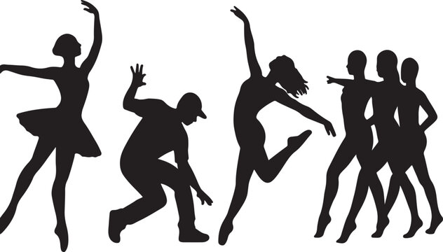 Collection of diverse dancer silhouettes showcasing ballet hip hop and modern movement styles against a stark white background